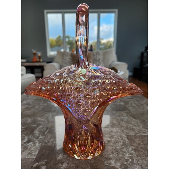 Vintage L.E.Smith Carnival Glass Pink Bride's Basket Vase, 12" - Picture 7 of 7